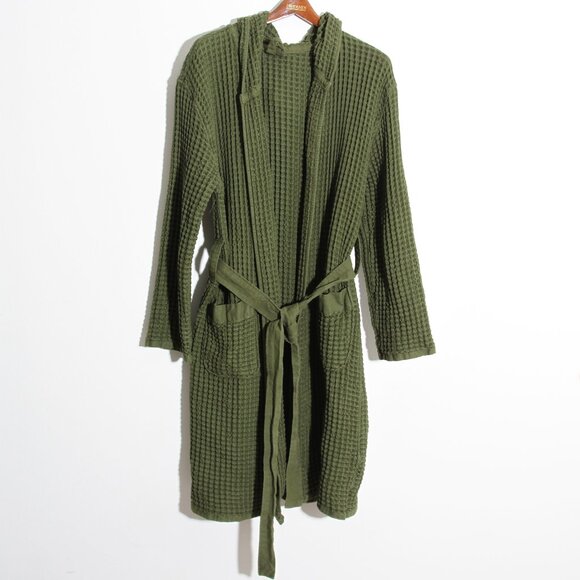 Onsen Supima Cotton Waffle Bath Robe Forest Green Unisex Hooded Size Medium - Picture 2 of 13